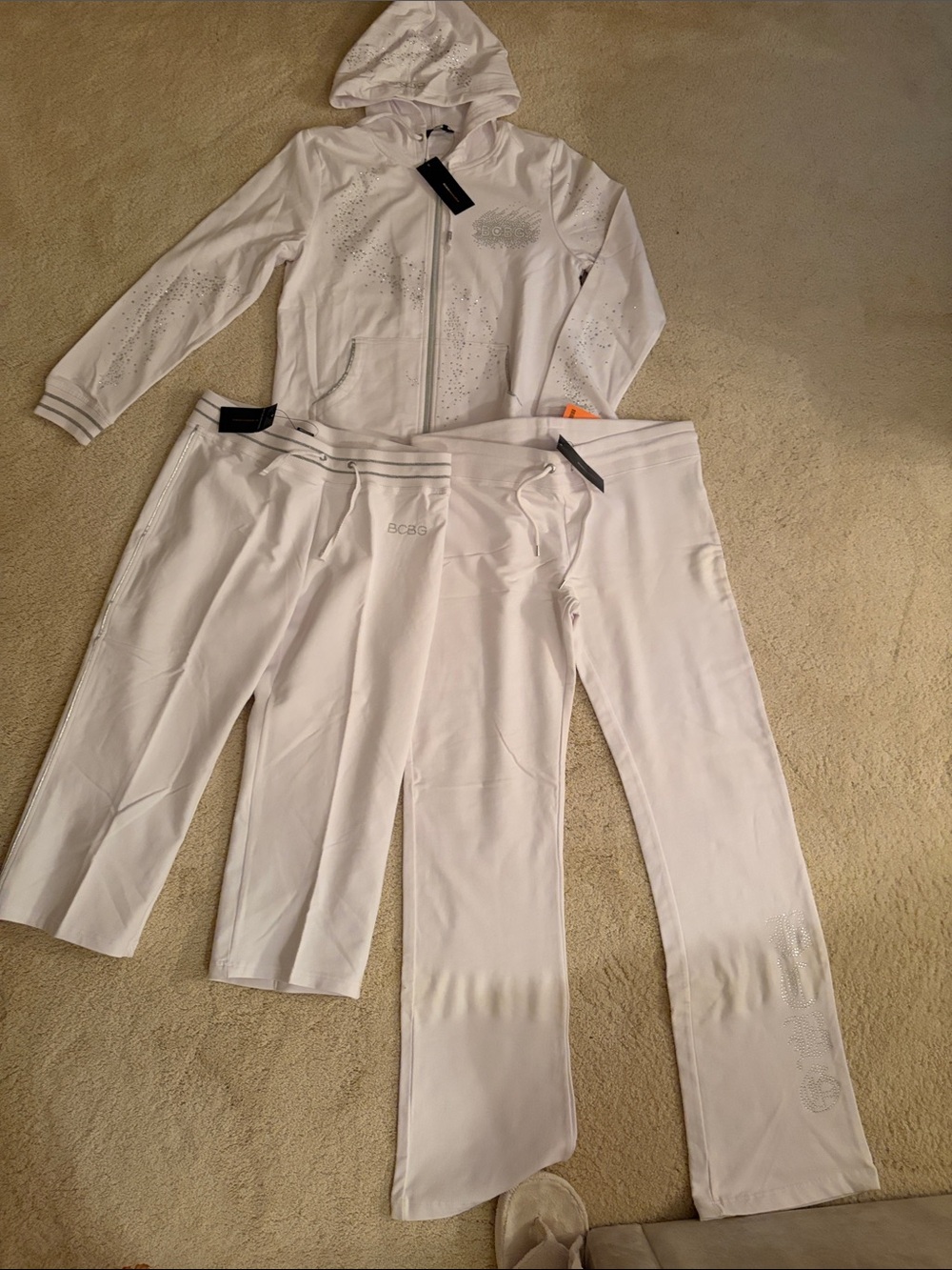 BCBG White Studded Track Jacket, Crop and Long Pants Set